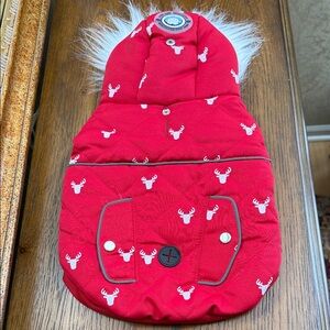 Red LuvGear white faux fur hooded Dog Jacket with deer Print. Size S.